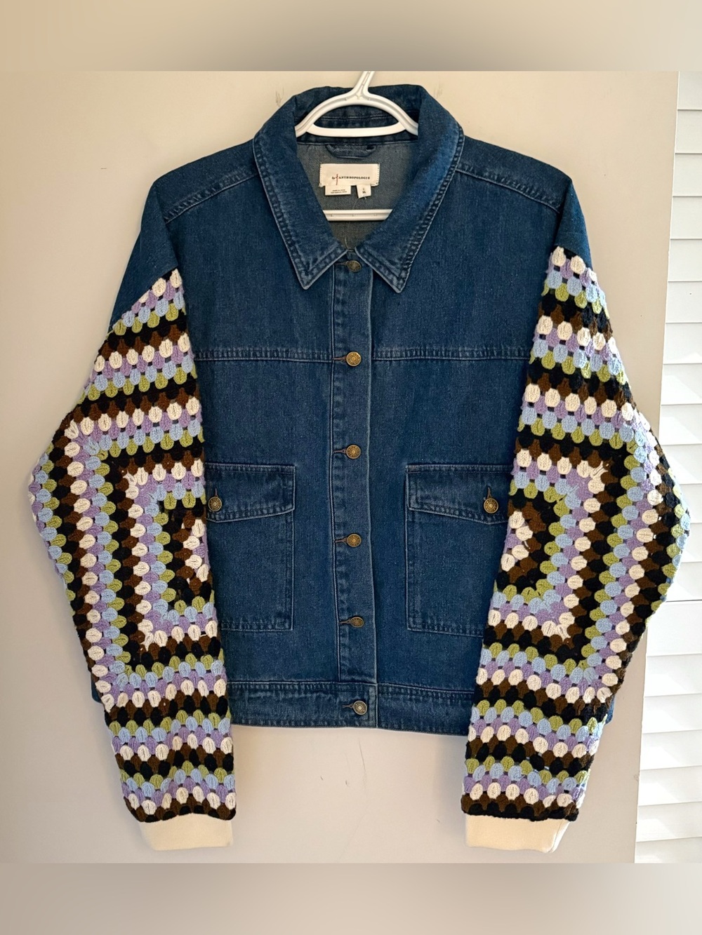 NWT Anthropologie Crochet Sleeve Denim Jacket XL